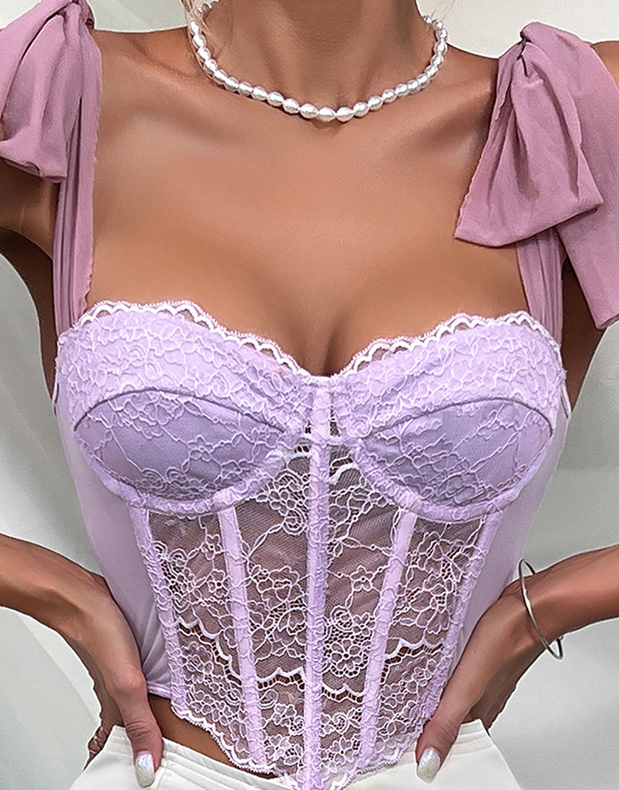 Purple Bow Tie Straps Lace Corset Bustier Top