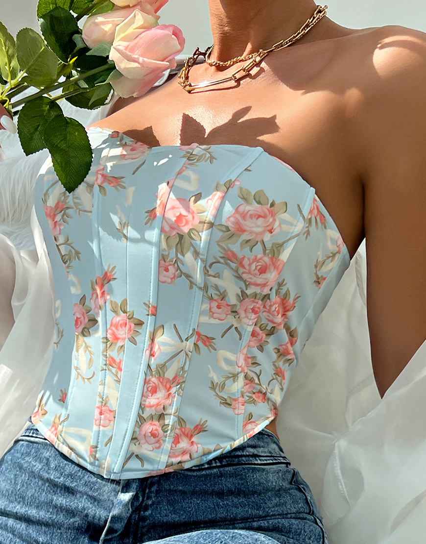 Blue Strapless Floral Prints Corset Bustier Top