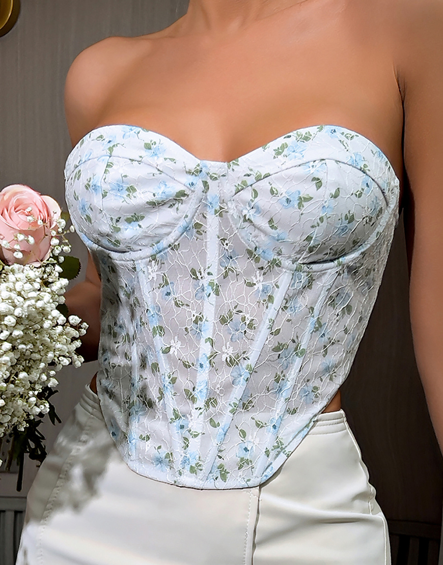 Blue Flower Lace-Up Strapless Corset Bustier Top