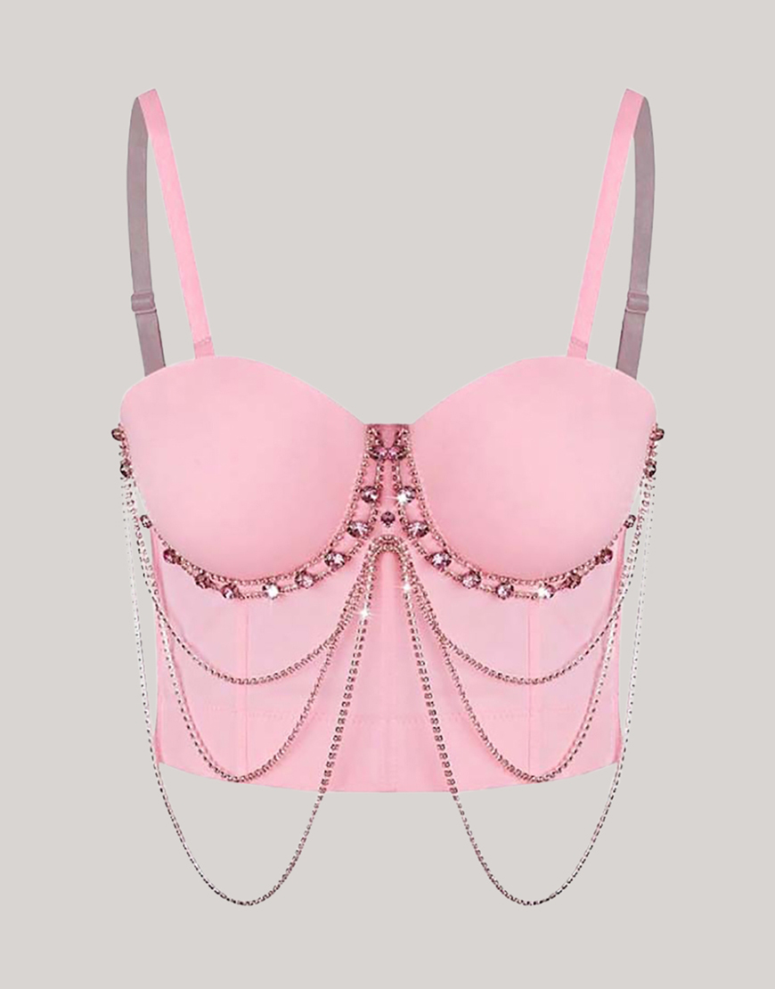 Sparkly Pink Beading Spaghetti Straps Corset Bustier Top