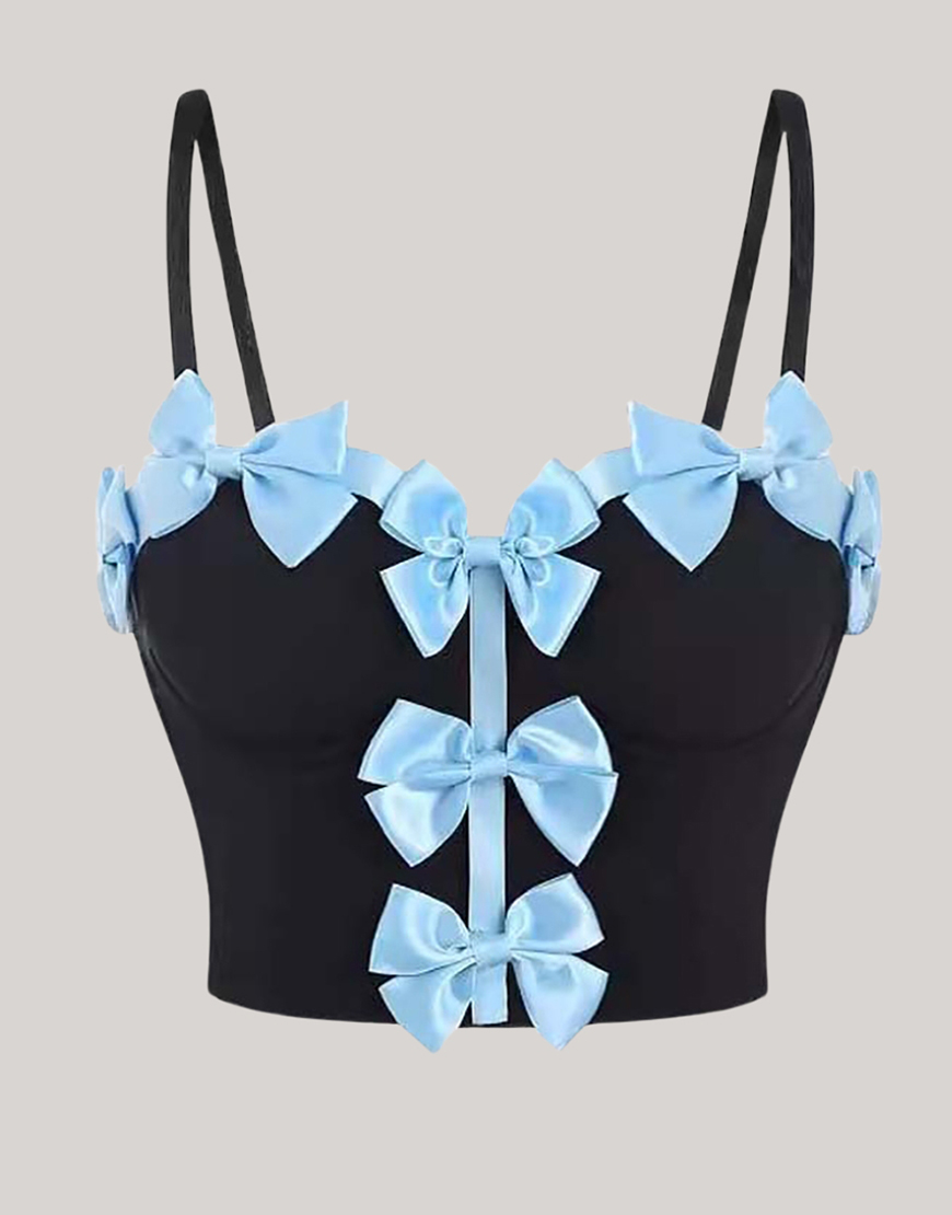 Black Spaghetti Straps Corset Bustier Top with Blue Bows
