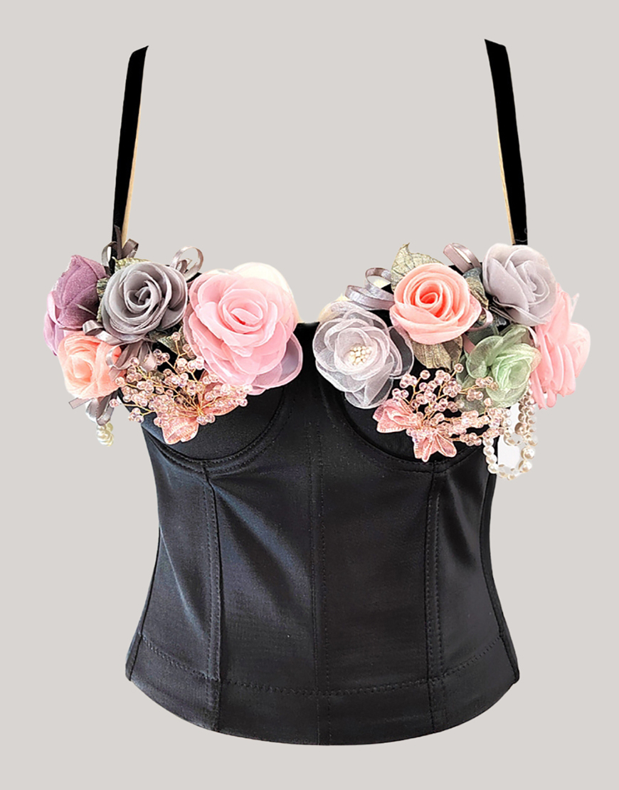 Black Spaghetti Straps Flowers Corset Bustier Top
