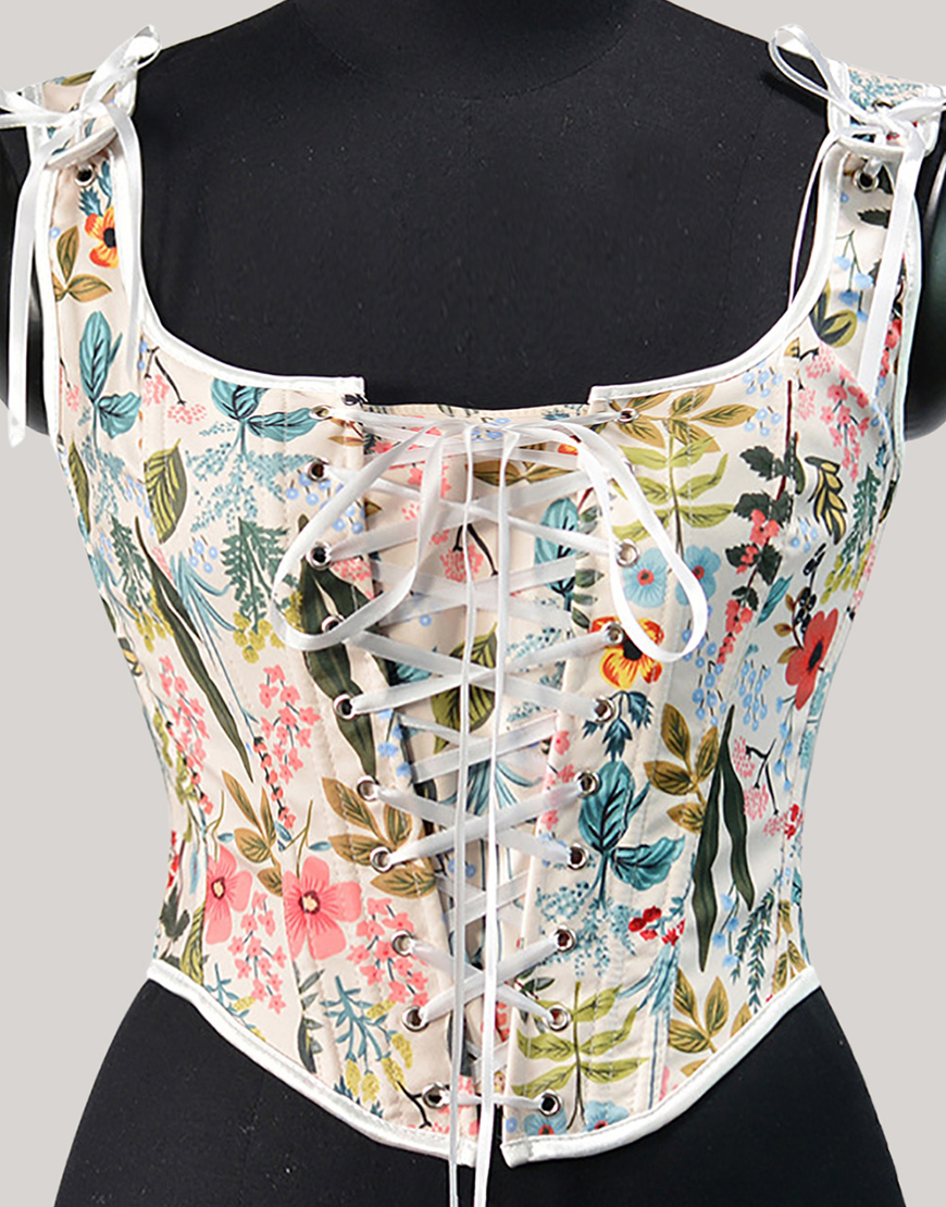 White Floral Prints Lace-Up Sleeveless Corset Bustier Top