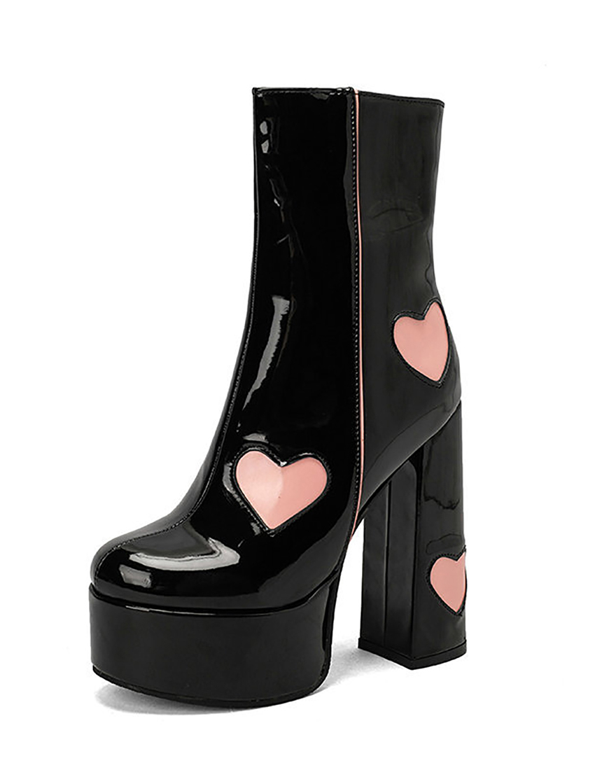 Black Chunky Heel Leather Hearts Boots