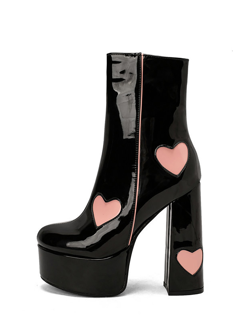 Black Chunky Heel Leather Hearts Boots