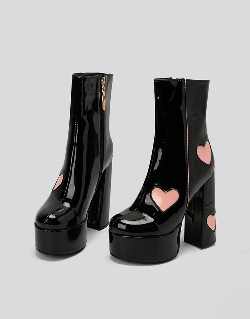 Black Chunky Heel Leather Hearts Boots