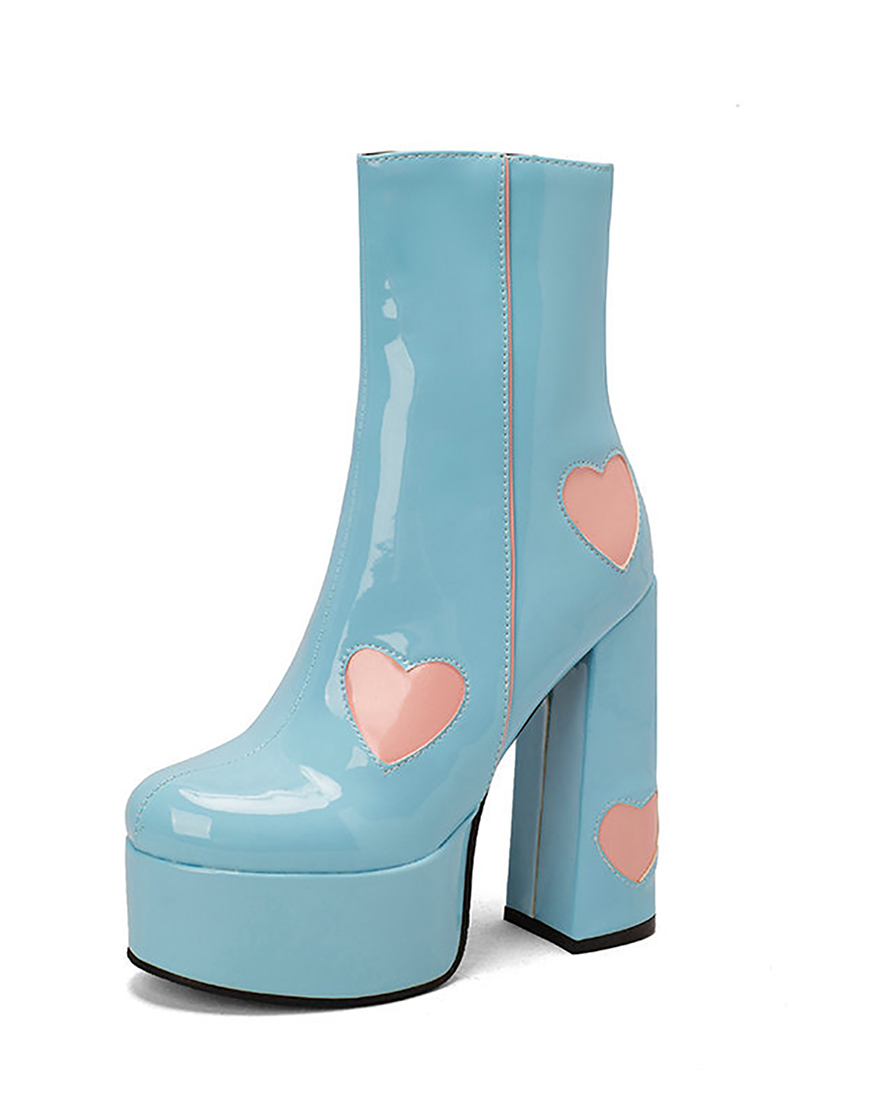 Black Chunky Heel Leather Hearts Boots