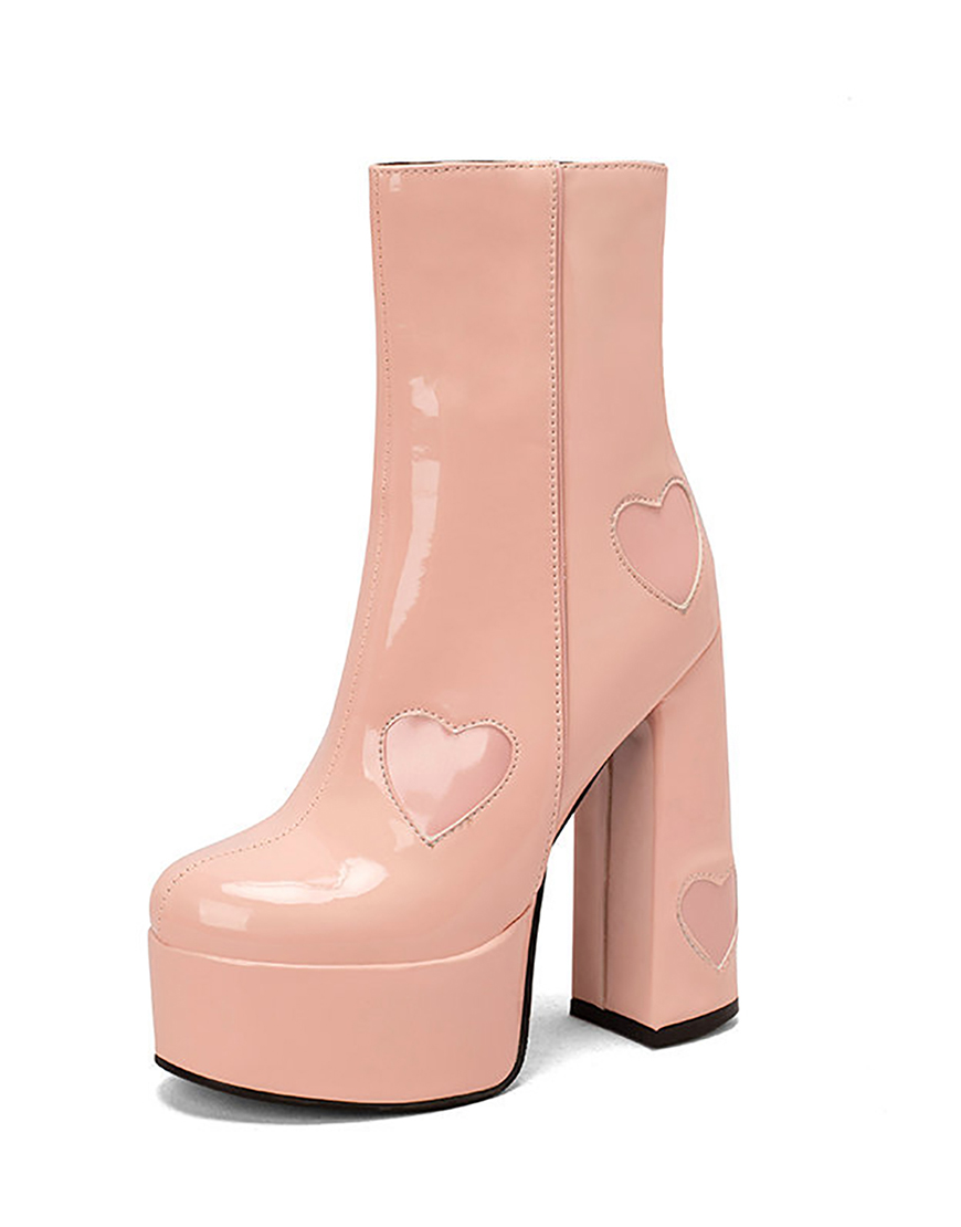 Black Chunky Heel Leather Hearts Boots