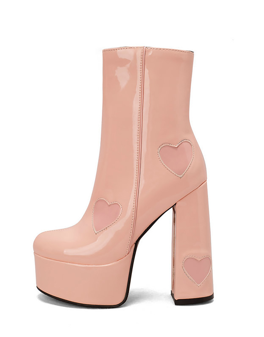 Black Chunky Heel Leather Hearts Boots