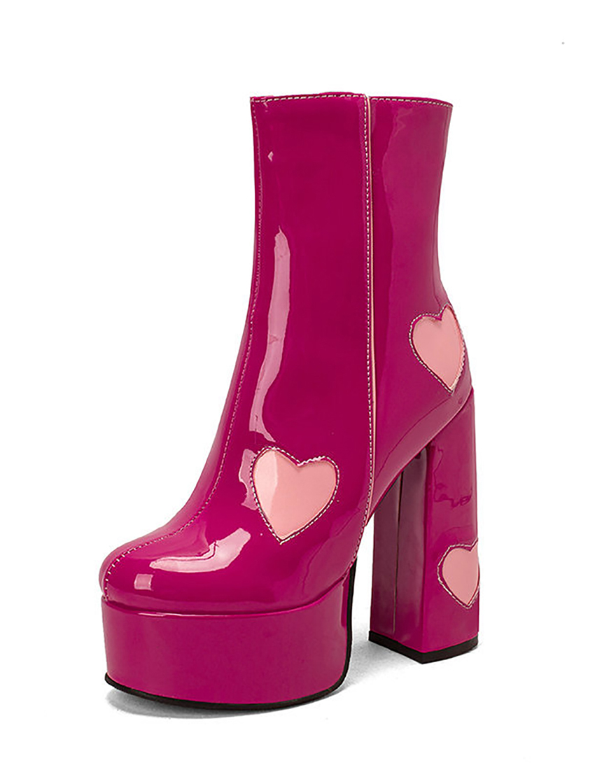 Black Chunky Heel Leather Hearts Boots