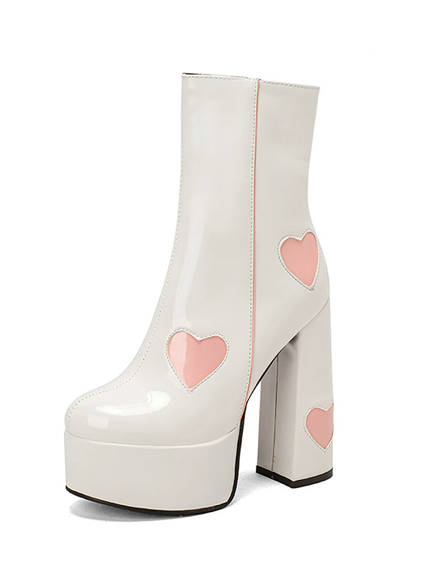 Black Chunky Heel Leather Hearts Boots