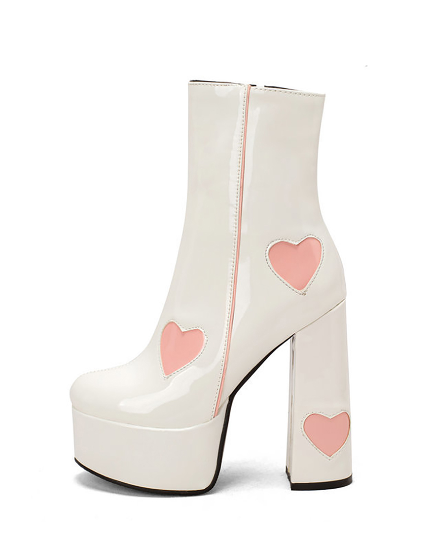 Black Chunky Heel Leather Hearts Boots