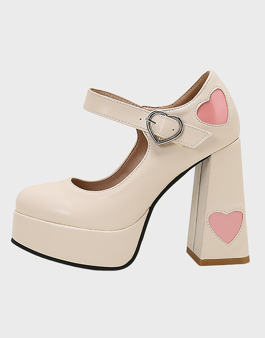 Apricot Thick Sole Chunky Buckle Shoes with Hearts