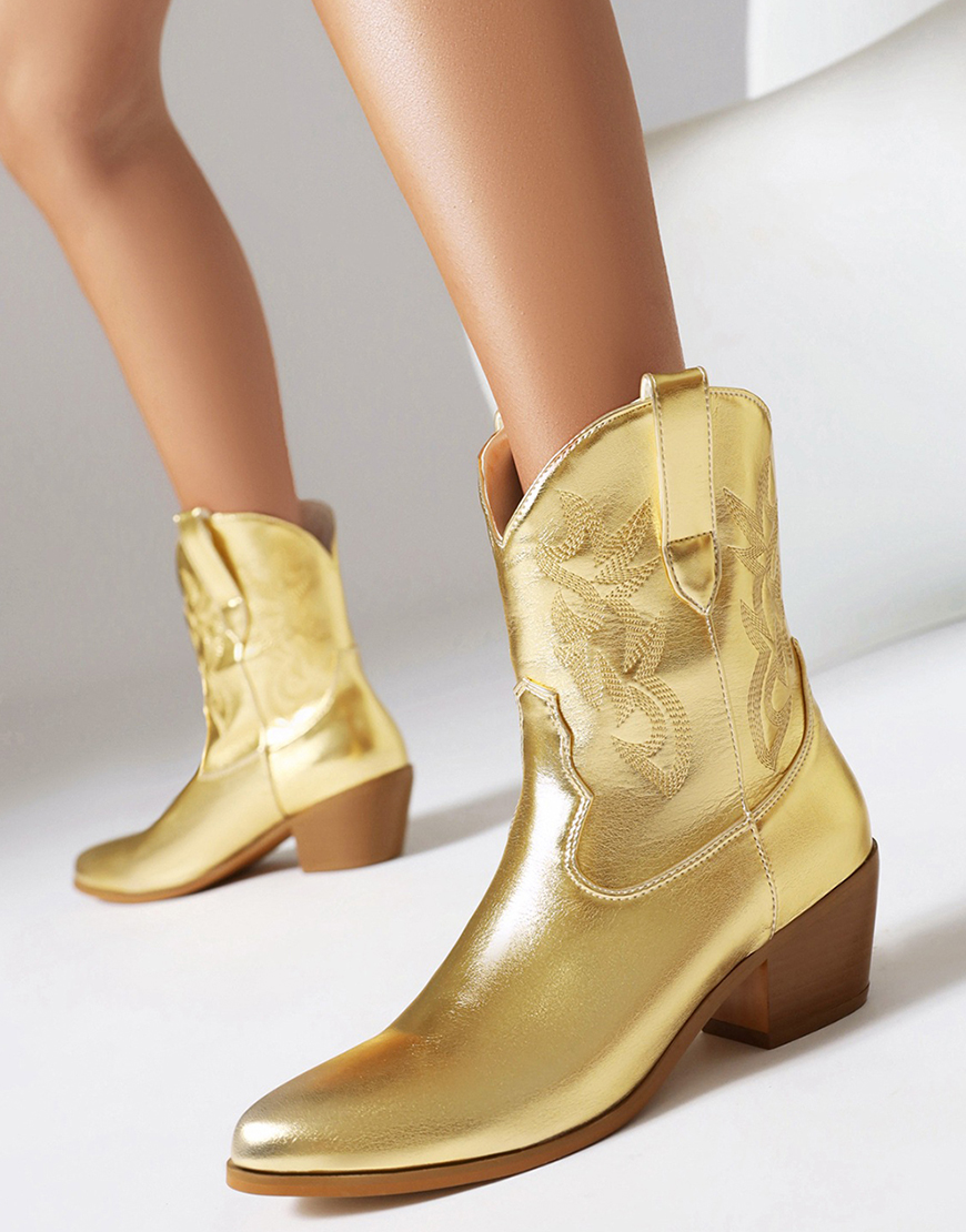 Golden Fashion Embroidered Round Toe Cowgirl Boots