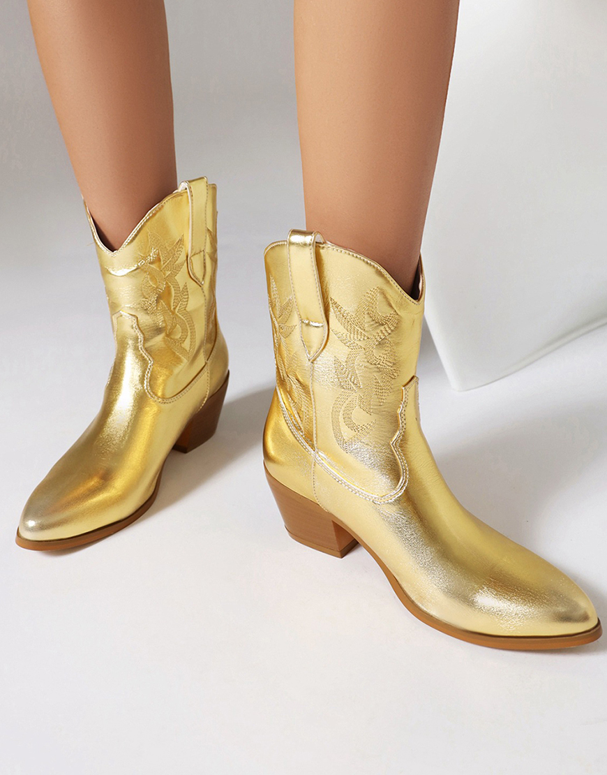 Golden Fashion Embroidered Round Toe Cowgirl Boots
