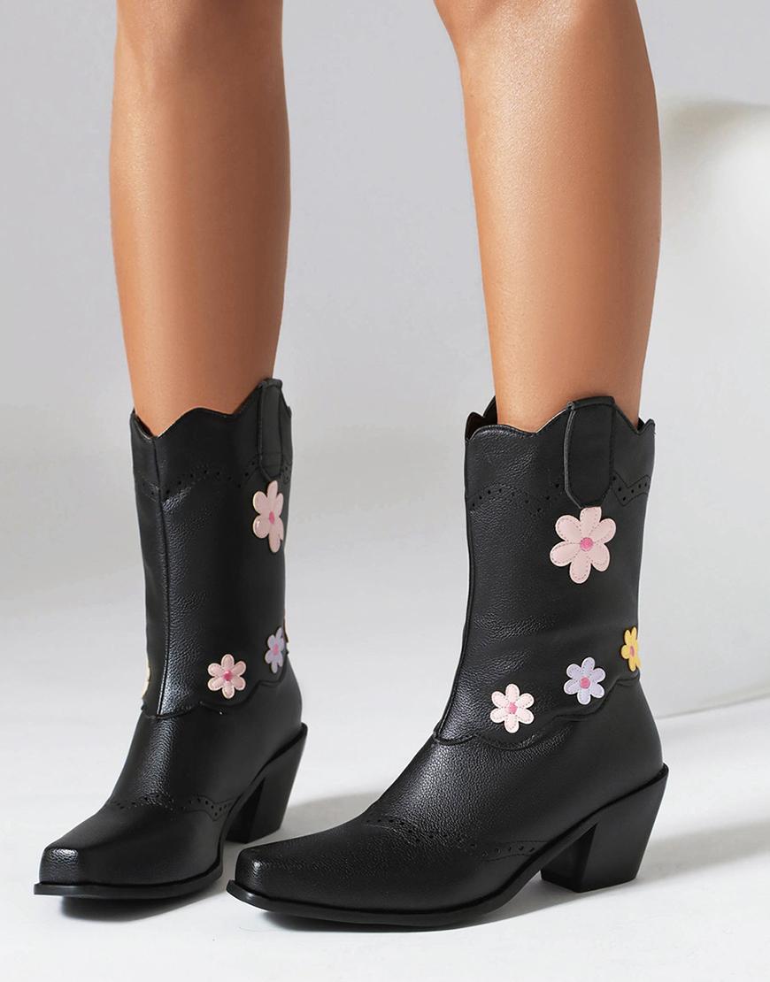 Fashion Black Block Heel Ankle Boots with Flowers