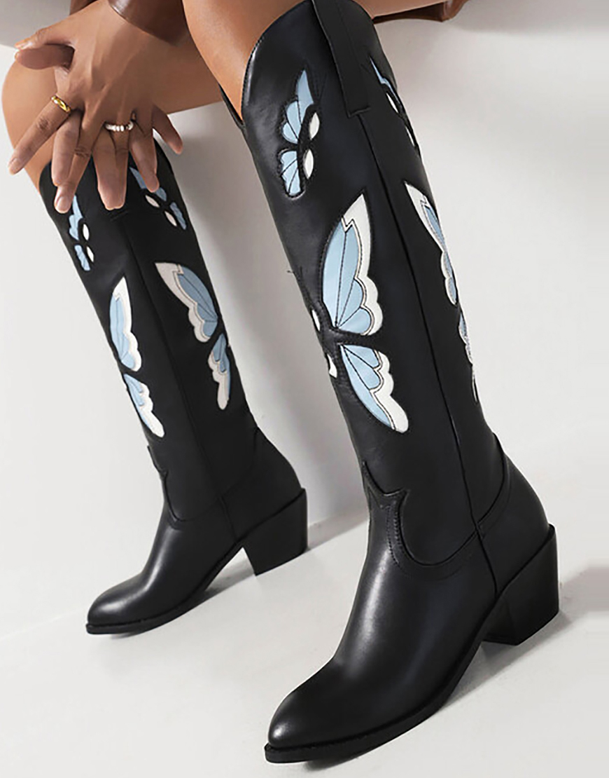 Apricot Embroidered Mid-calf Block Heel Boots