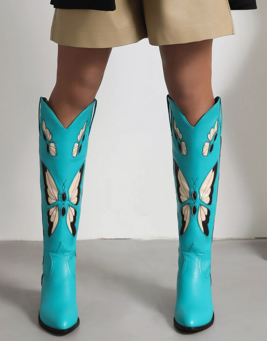 Apricot Embroidered Mid-calf Block Heel Boots