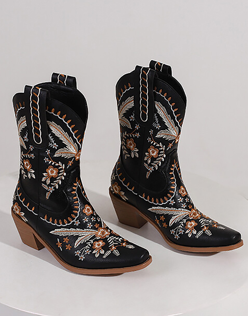 Black Embroidered Square Toe Block Heel High Cowgirl Boots
