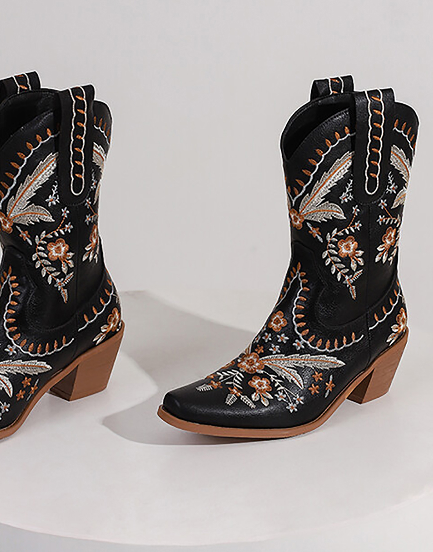 Black Embroidered Square Toe Block Heel High Cowgirl Boots