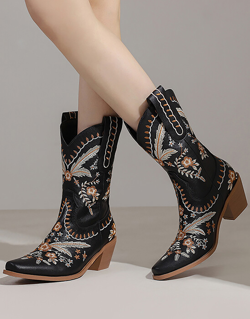 Black Embroidered Square Toe Block Heel High Cowgirl Boots