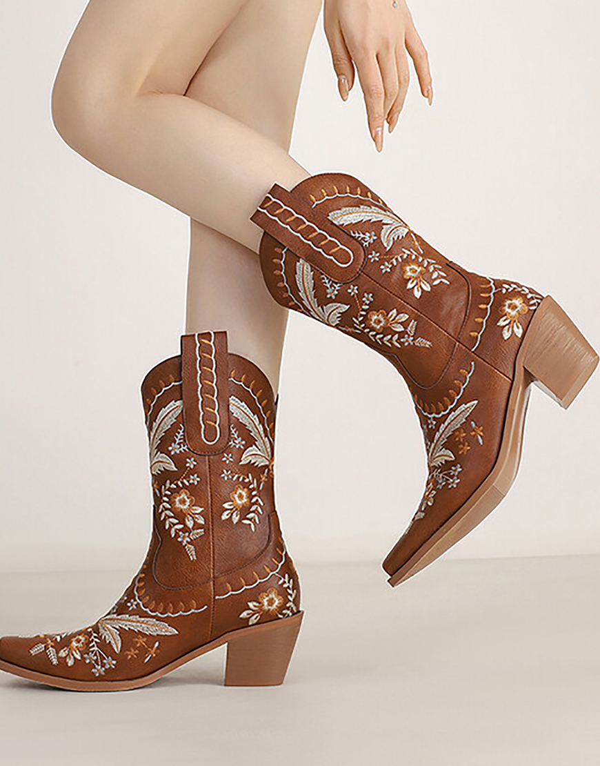 Black Embroidered Square Toe Block Heel High Cowgirl Boots