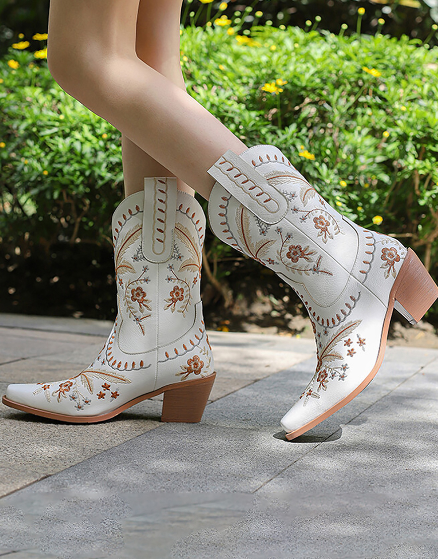 Black Embroidered Square Toe Block Heel High Cowgirl Boots