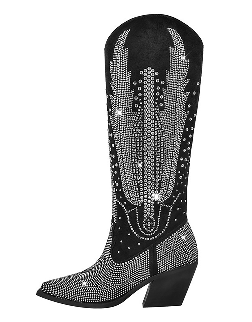 Sparkly Black Rhinestone Chunky Heel Women's Boots