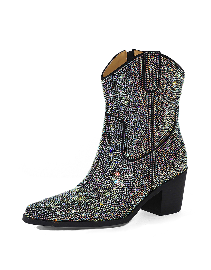 Black Pointed Toe Rhinestones Chunky Heel Ankle Boots