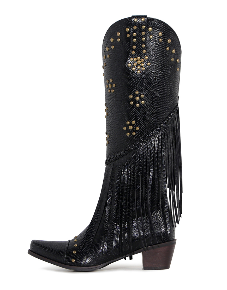 Black Tassel Rivet Block Heel High Boots