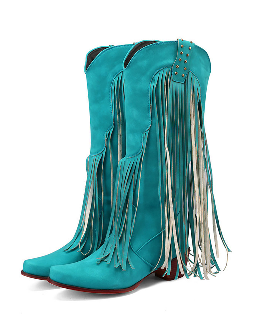 Blue Vintage Mid Heel High Boots with Fringes