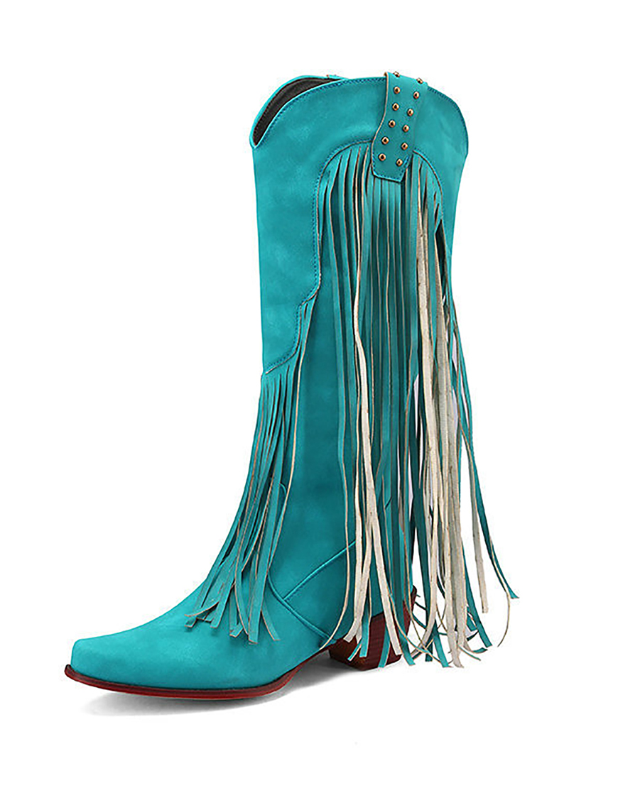 Blue Vintage Mid Heel High Boots with Fringes