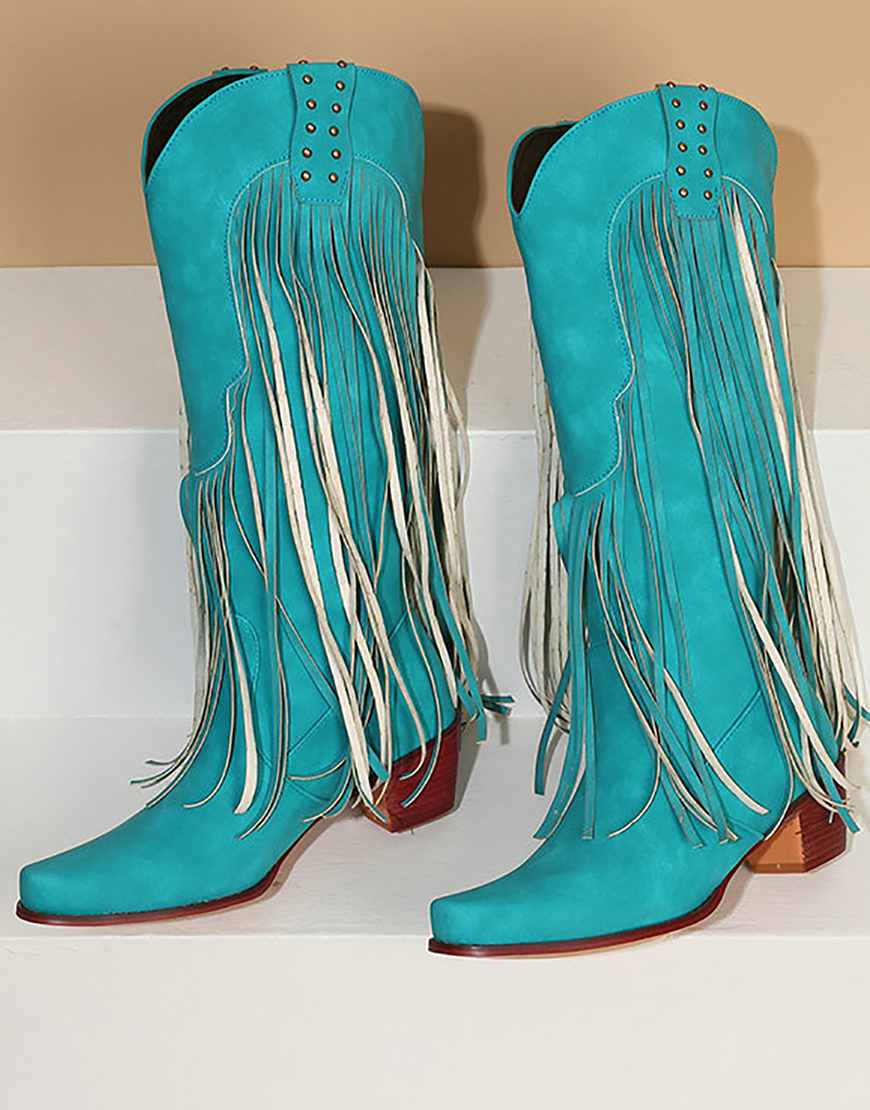 Blue Vintage Mid Heel High Boots with Fringes