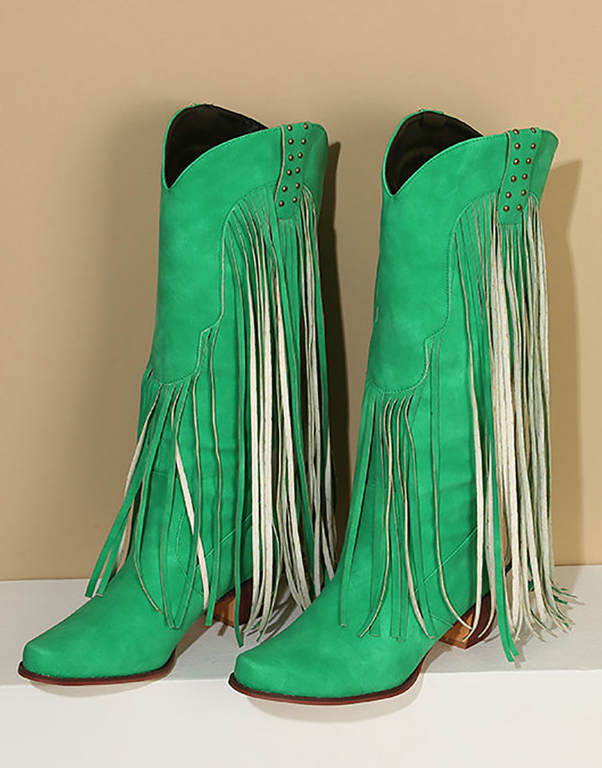 Blue Vintage Mid Heel High Boots with Fringes