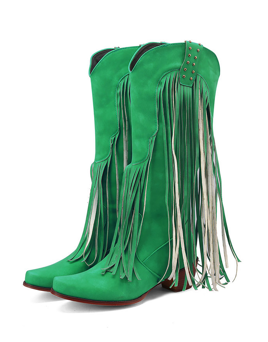 Blue Vintage Mid Heel High Boots with Fringes