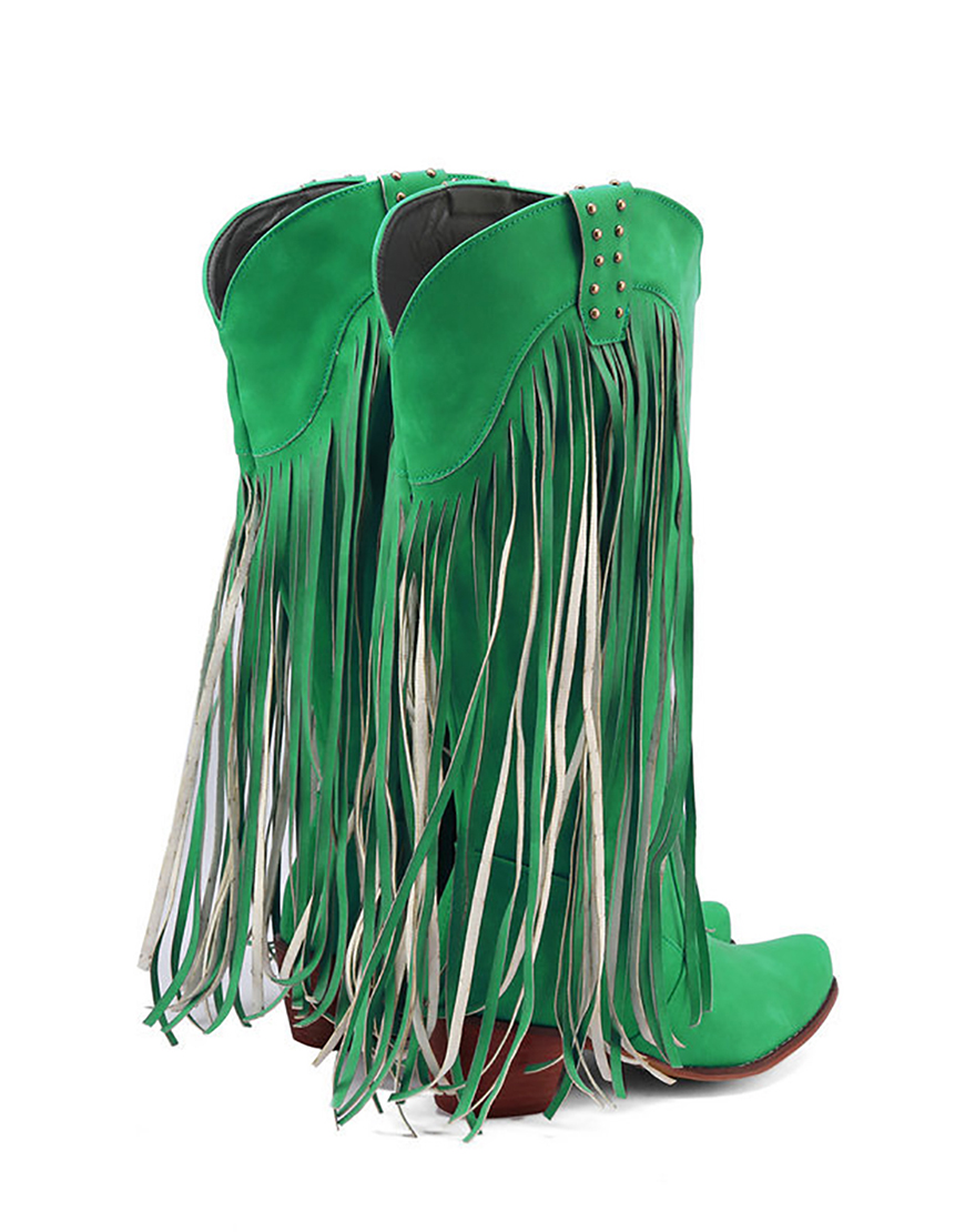 Blue Vintage Mid Heel High Boots with Fringes