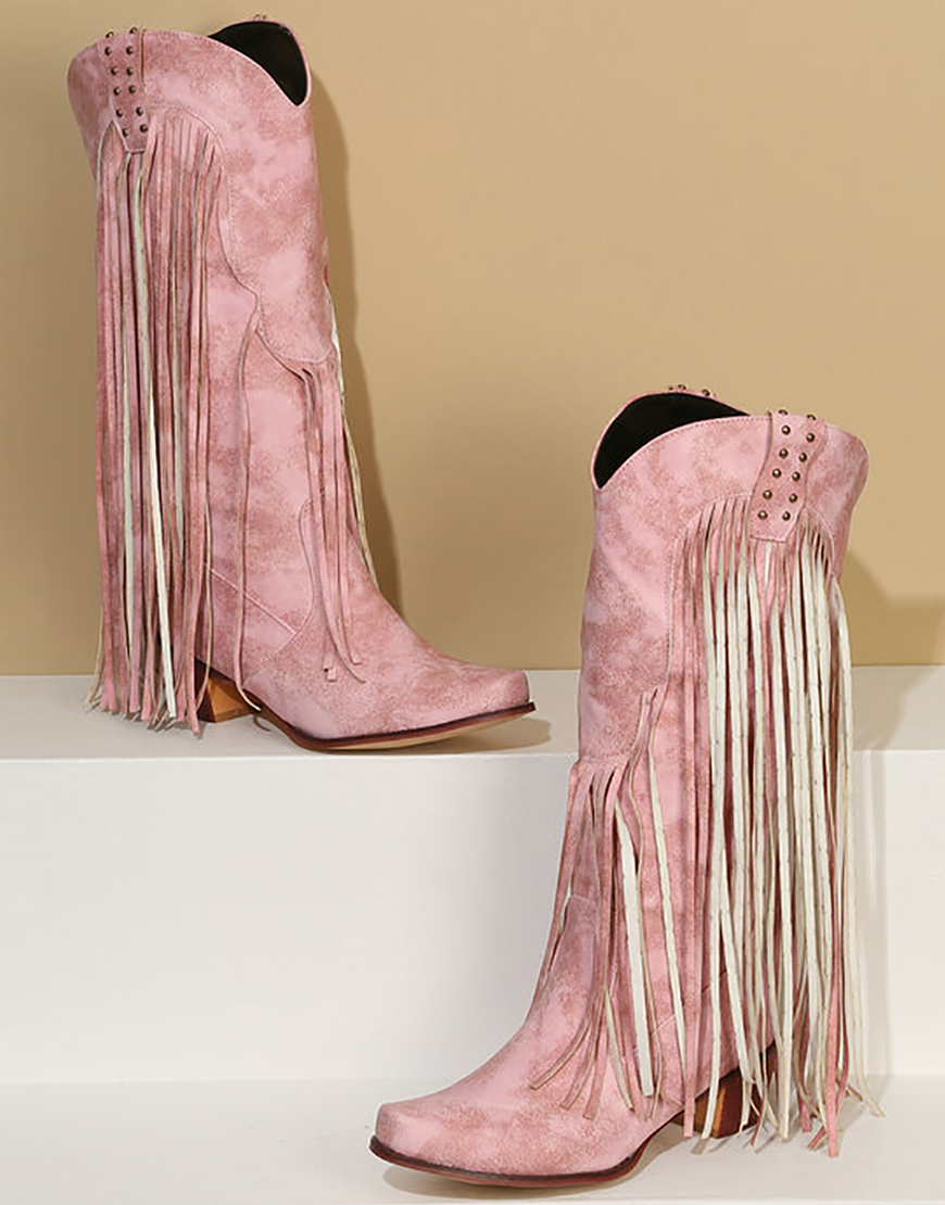 Blue Vintage Mid Heel High Boots with Fringes