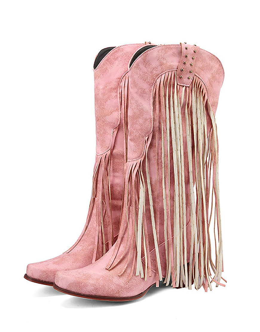 Blue Vintage Mid Heel High Boots with Fringes