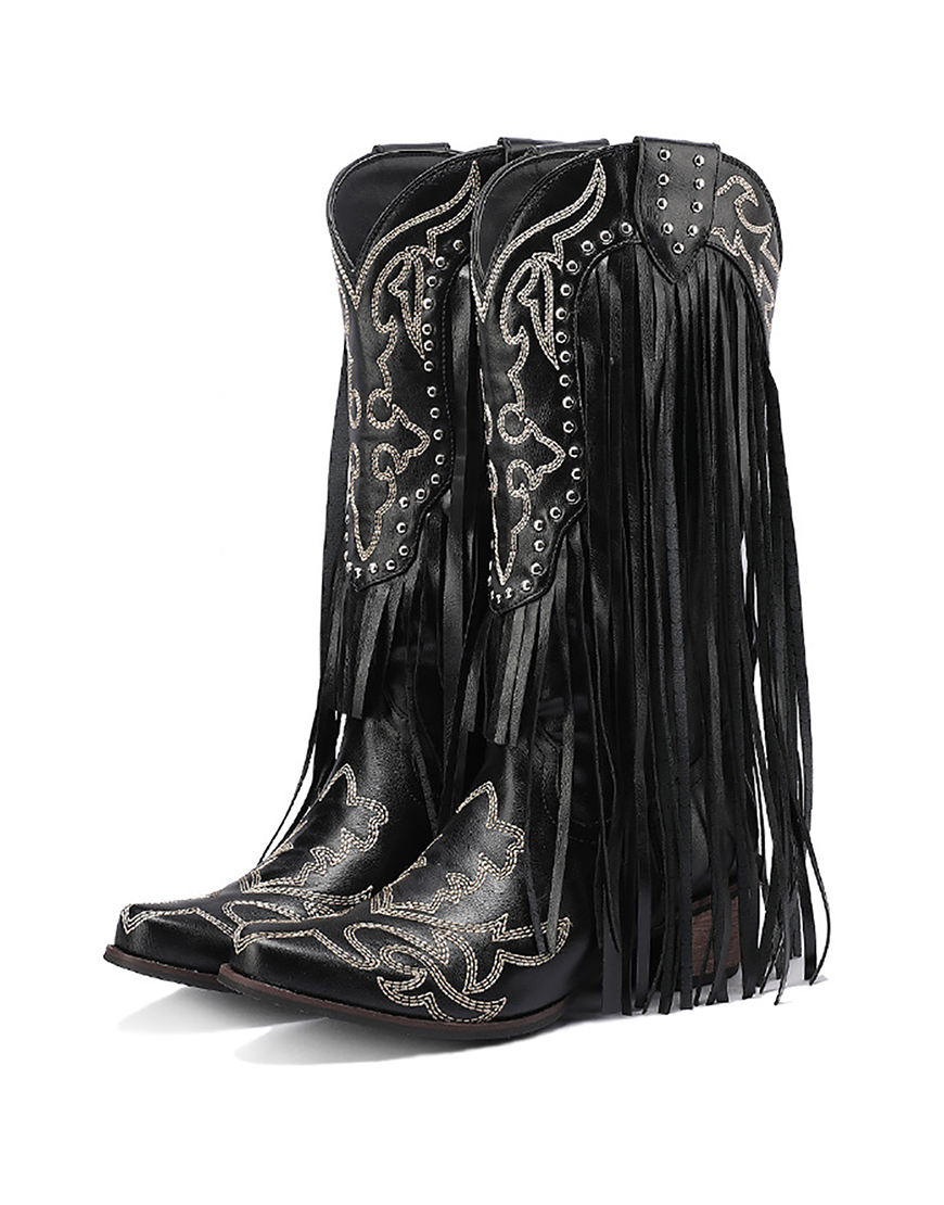 Black Rivet Embroidery High Boots