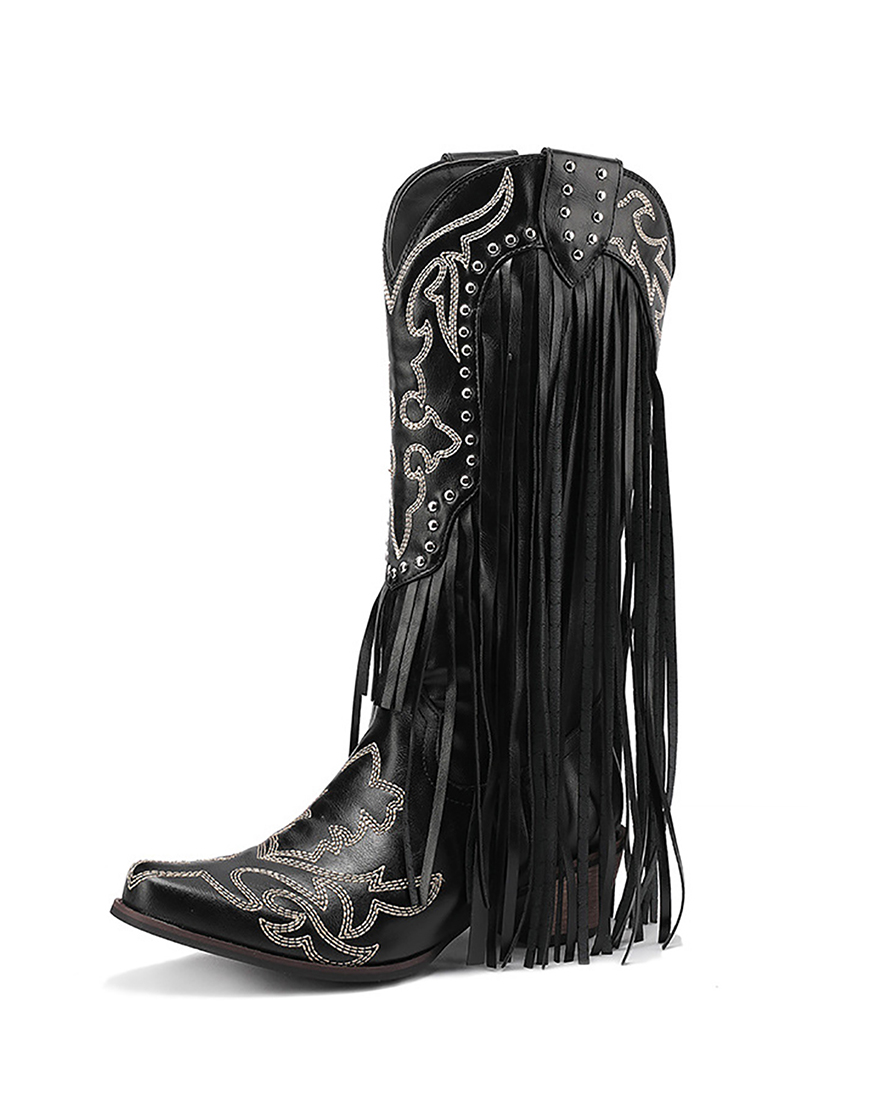 Black Rivet Embroidery High Boots