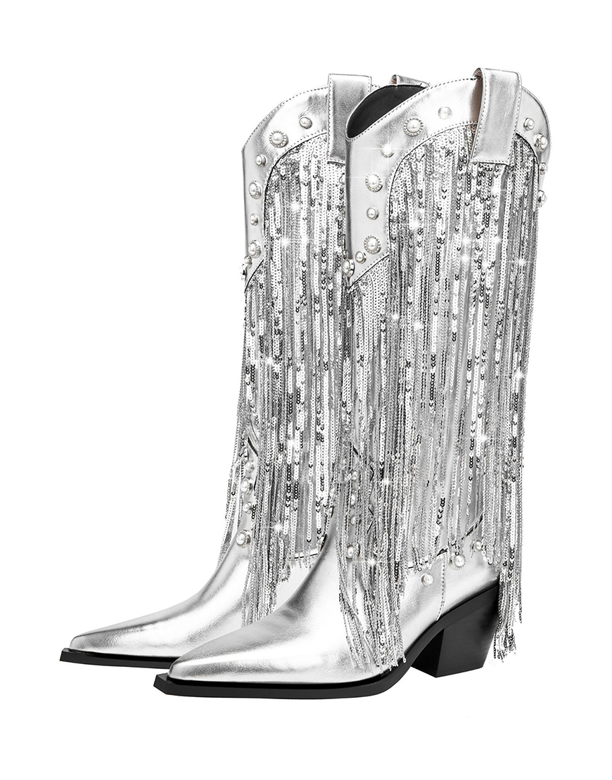 Silver Sequins Chunky Boots with Tassels