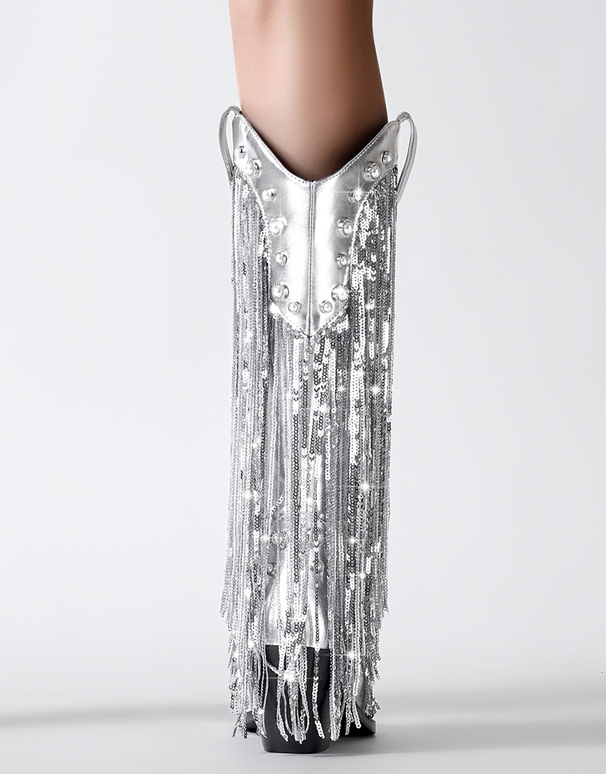 Silver Sequins Chunky Boots with Tassels