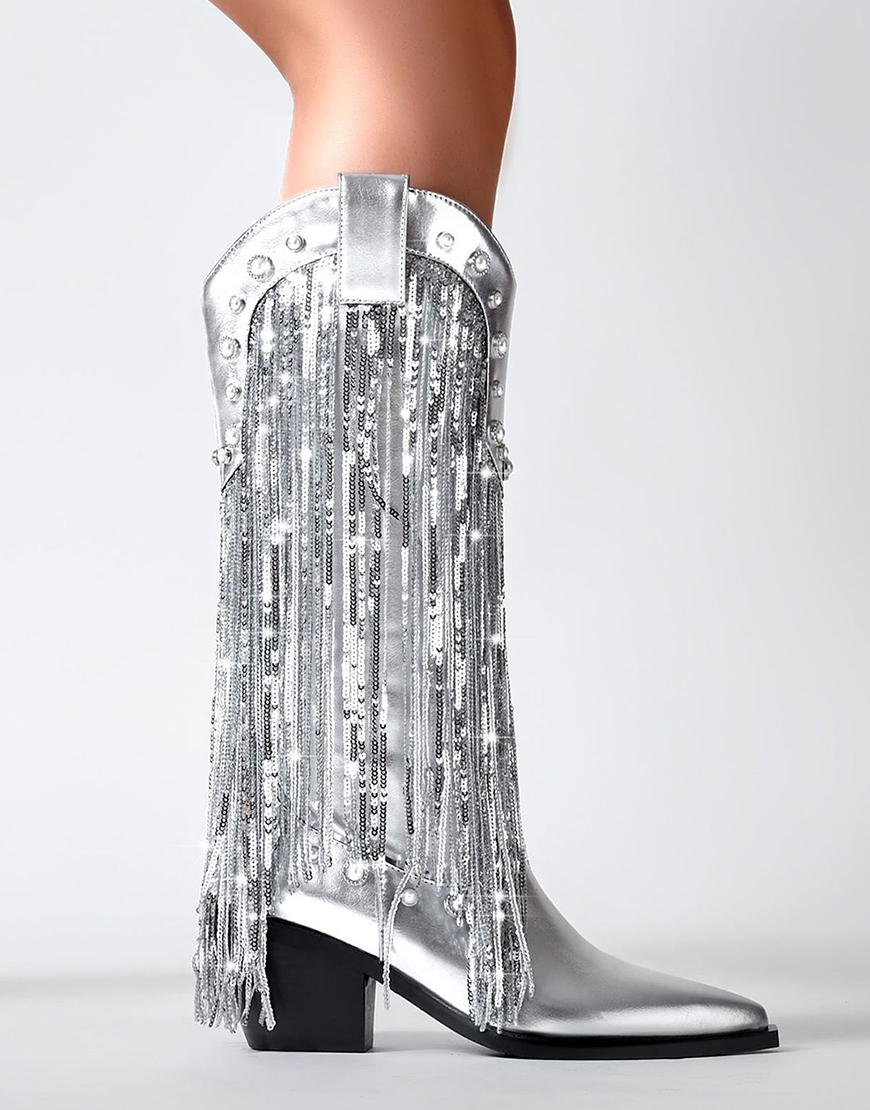 Silver Sequins Chunky Boots with Tassels