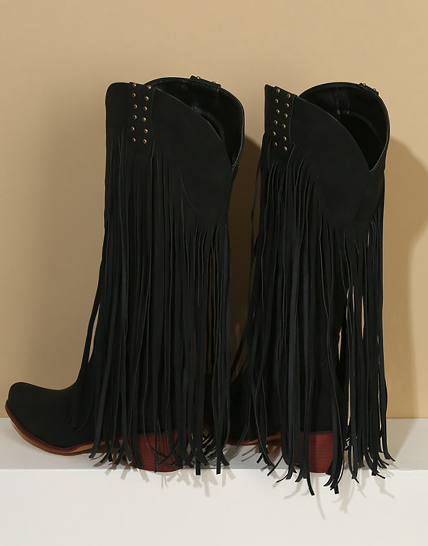 Khaki Tassel Rivet Block Heel High Boots