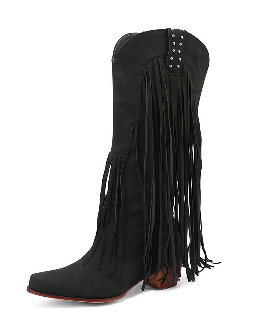 Khaki Tassel Rivet Block Heel High Boots