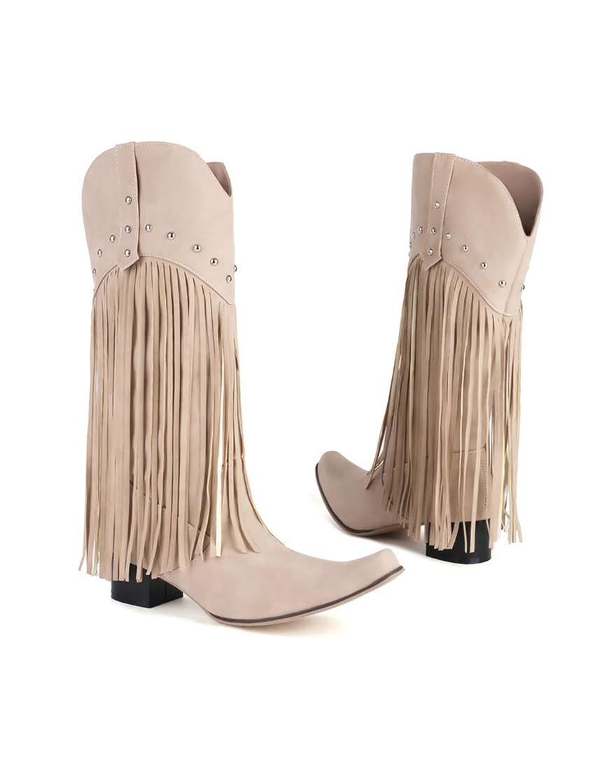 Khaki Tassel Rivet Block Heel High Boots