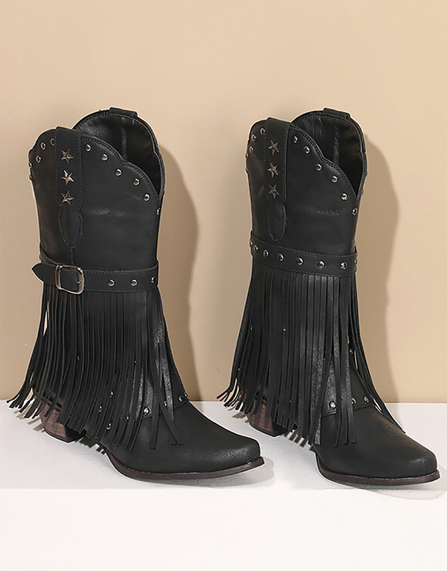 Brown Square Toe Tassel Block Heel Cowgirl Boots