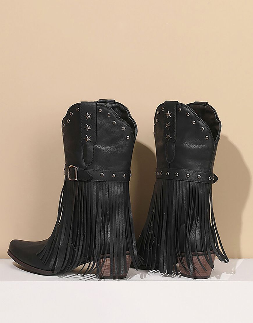 Brown Square Toe Tassel Block Heel Cowgirl Boots