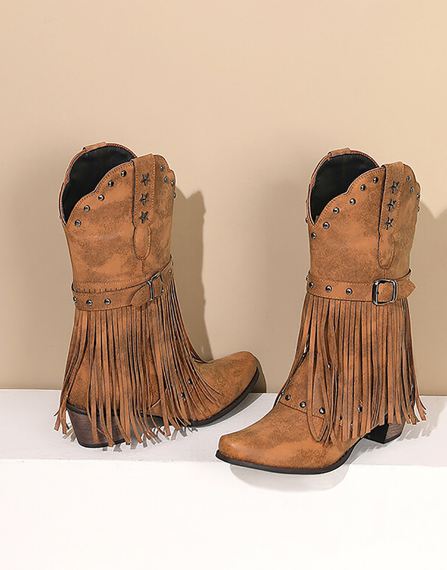 Brown Square Toe Tassel Block Heel Cowgirl Boots