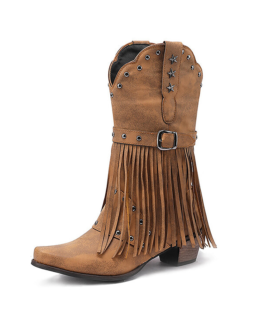 Brown Square Toe Tassel Block Heel Cowgirl Boots